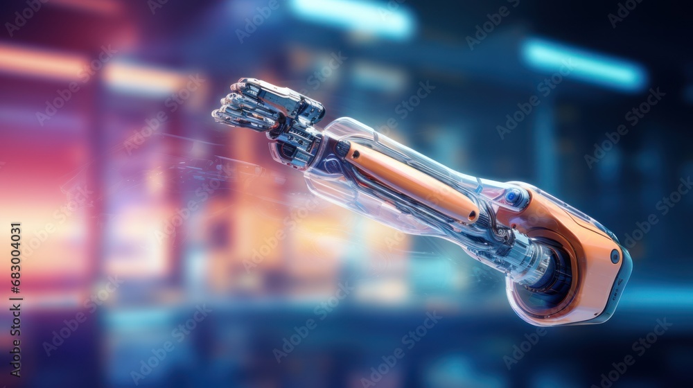 Poster a close up of a robot's arm in front of a blurry image of a cityscape.