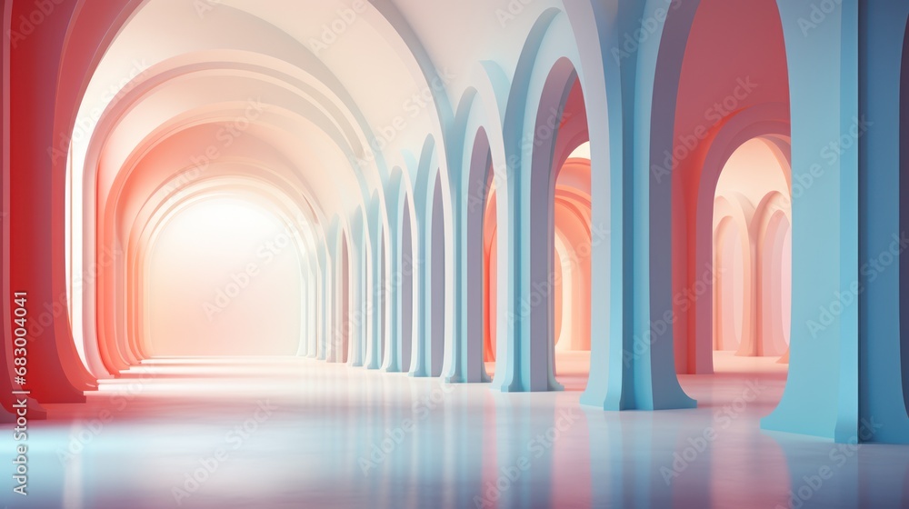 Poster an image of a hallway with arches and arches on either side of the room and a light at the end of th