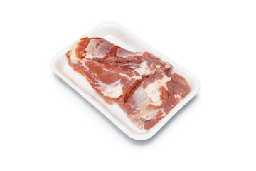 Raw boneless lamb arms in a white styrofoam container isolated on white background with copy space .