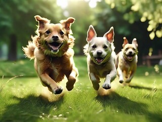 Three dogs playing | Dogs playing outdoor running on green grass | Dogs Playfully Racing on Green Fields