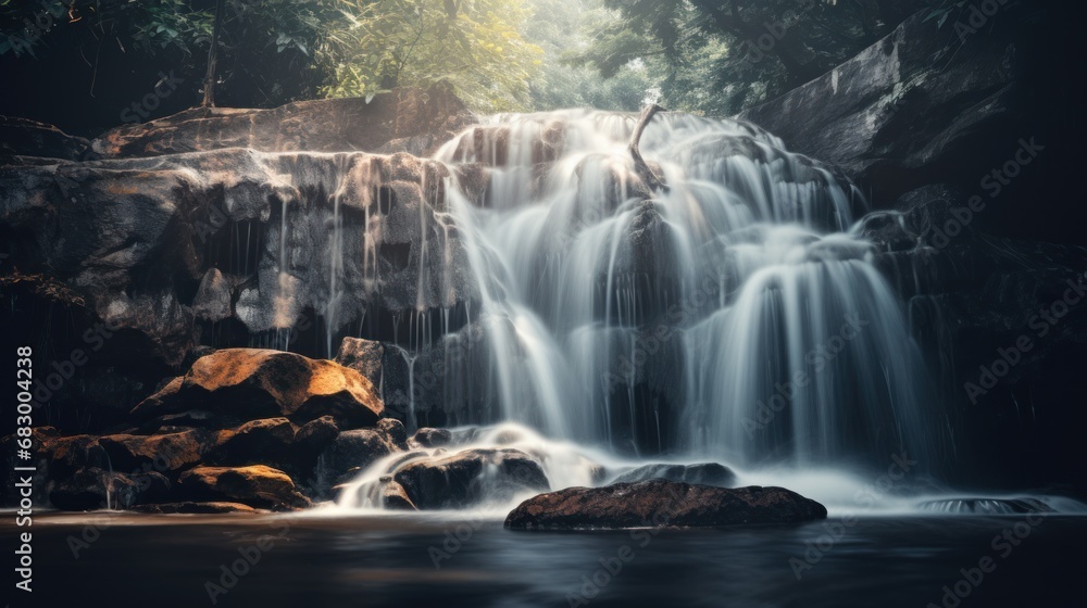 Poster a waterfall in the middle of a forest with lots of rocks in the foreground and trees in the backgrou