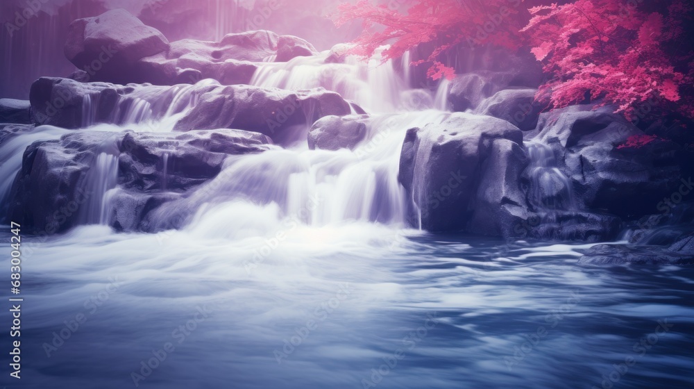 Poster a waterfall in the middle of a body of water with a red tree in the middle of the water and a red tr