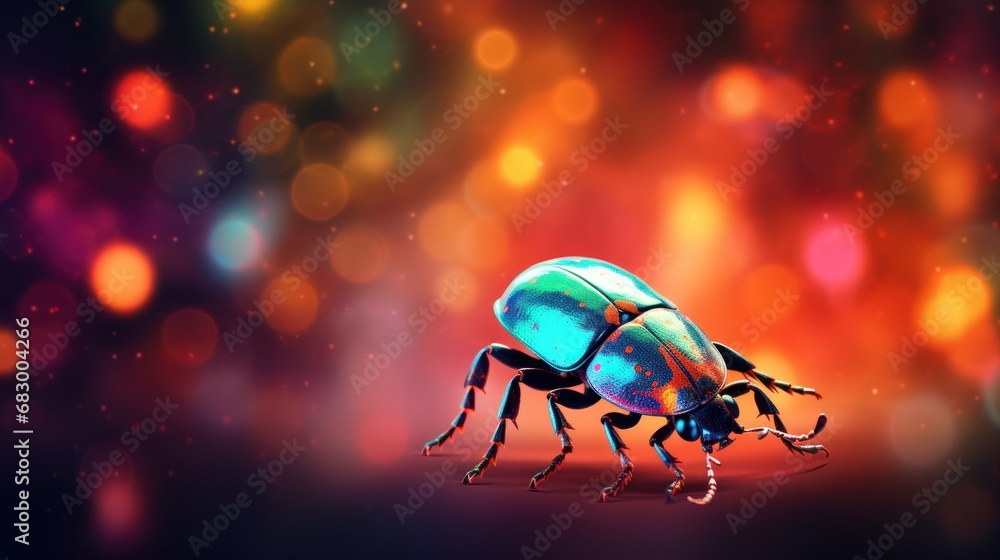 Poster a close up of a colorful bug on a dark background with boke of lights in the backround.