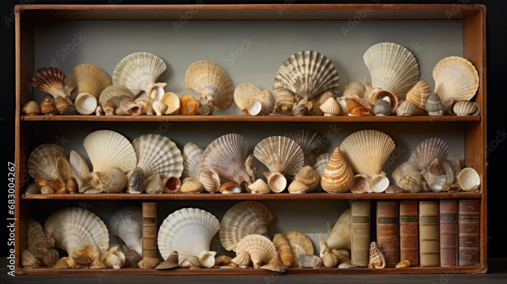 Poster a shelf filled with lots of seashells on top of a wooden shelf next to a bookshelf.
