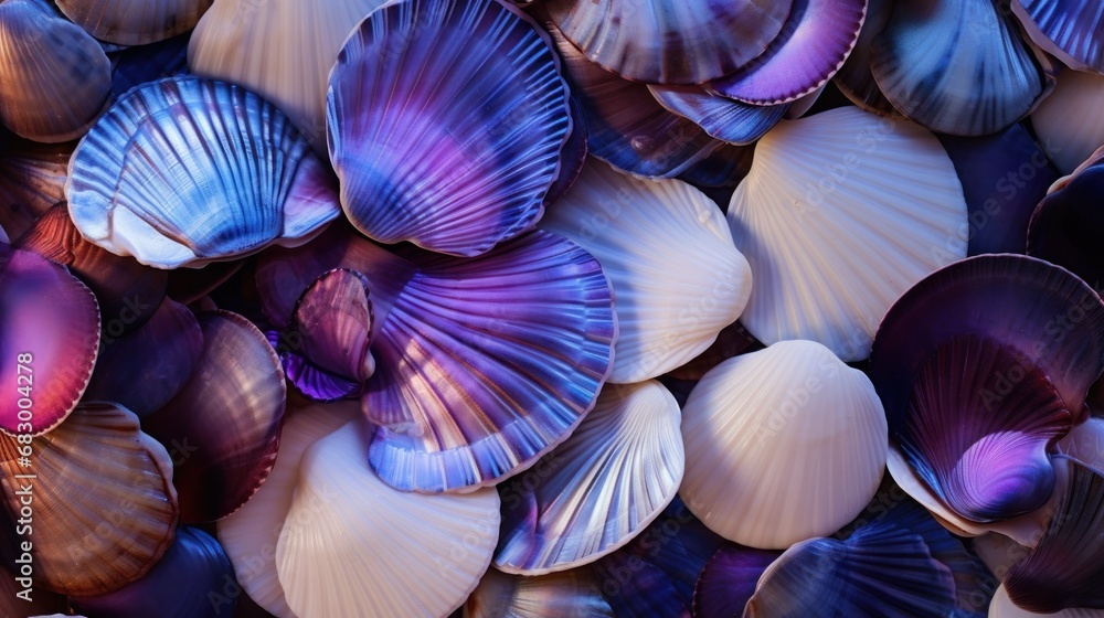 Poster a bunch of seashells that are all different colors and sizes in a pile on top of each other.