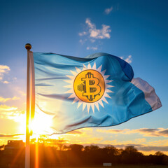 Naklejka premium The new flag of Argentina with the image of the bitcoin coin.