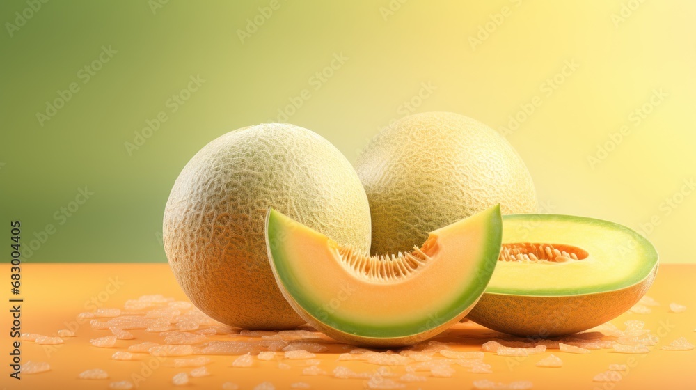 Poster a cut in half melon sitting on top of a table next to another cut in half melon on top of a table.