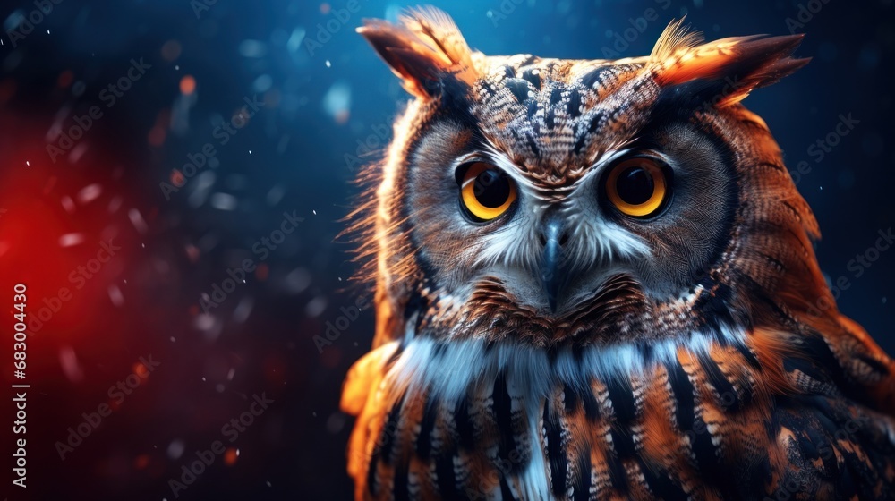 Poster a close up of an owl's face on a dark background with snow flakes and a red light.