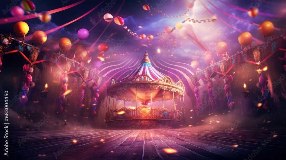 Poster a circus scene with a carousel in the middle of the stage with balloons and streamers all around the