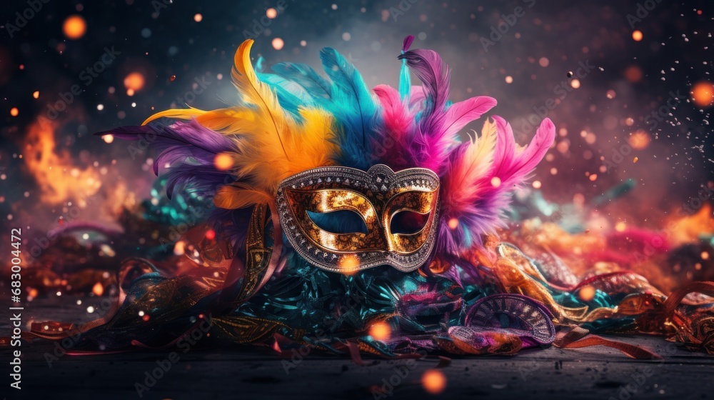 Poster a carnival mask with colorful feathers on a dark background with confetti falling from the top of th