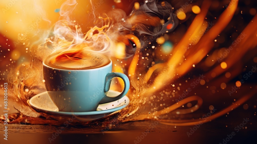 Poster  a cup of coffee on a saucer on a saucer on a saucer on a saucer on a saucer on a saucer on a saucer on a table.