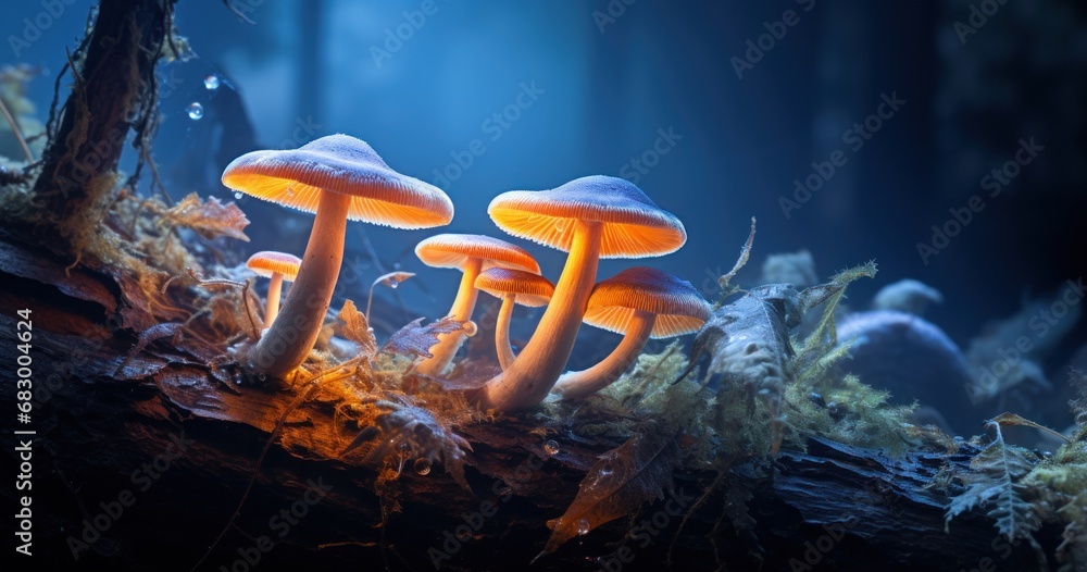 Poster a group of mushrooms sitting on top of a tree branch in the middle of a forest with moss growing on 
