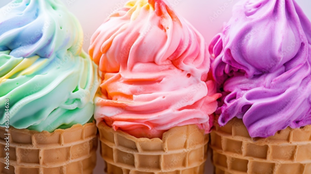 Poster a group of three ice cream cones with different colored toppings on top of each of the ice cream con