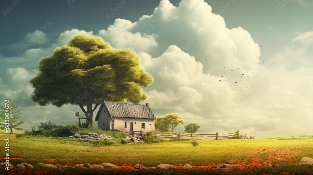 Poster a painting of a house in the middle of a field with a tree in the foreground and clouds in the backg