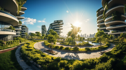Low Angle fish eye shot Garden city Skyscrape. The concept Ensuring a Greener Tomorrow - obrazy, fototapety, plakaty