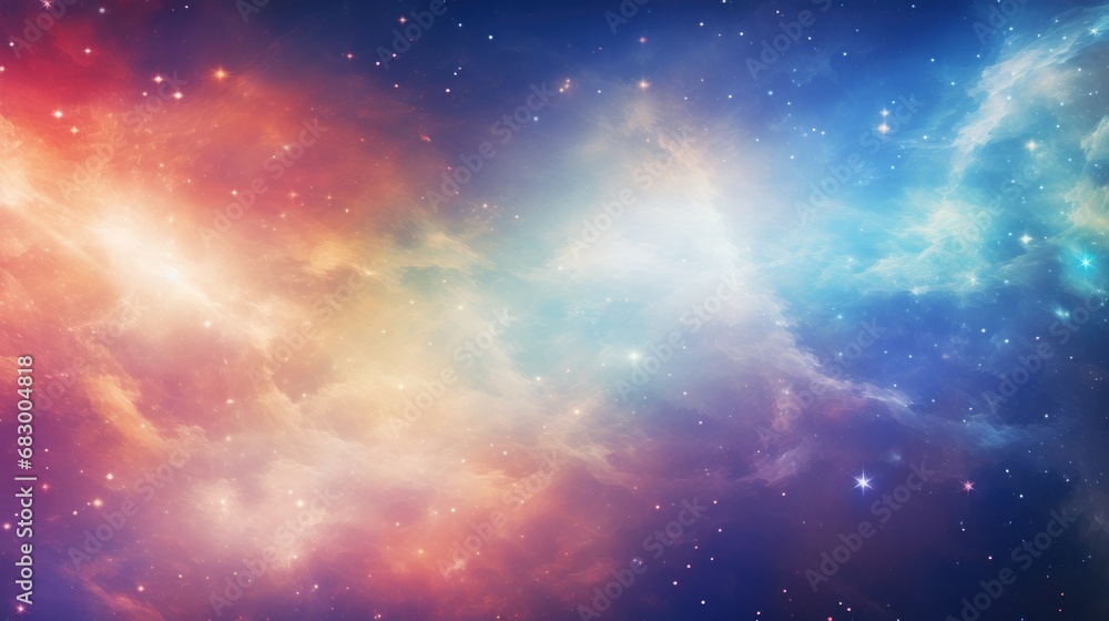 Poster an image of a space scene with stars and a bright blue and red star in the center of the image.
