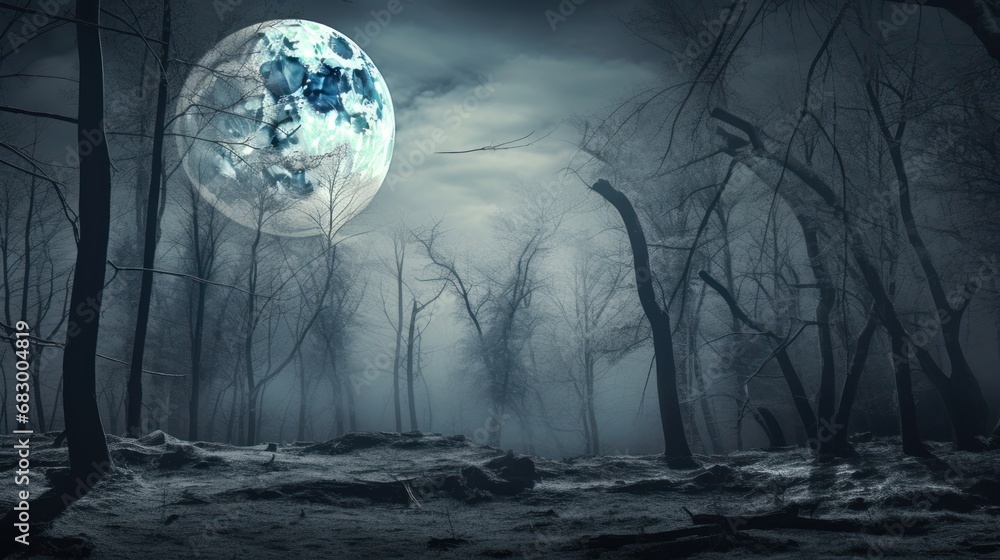 Poster an image of a full moon in the sky above a forest filled with dead trees and dead leaves on the grou