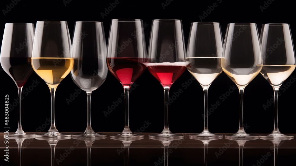 Aufkleber a row of wine glasses sitting next to each other in front of a black background with a reflection on