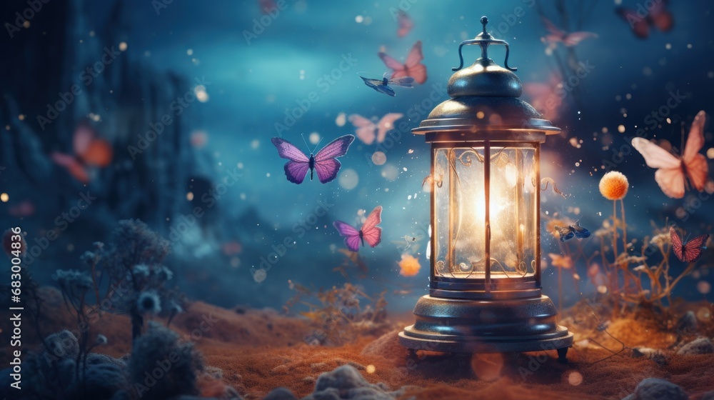 Poster a lantern in the middle of a field with a lot of butterflies flying around it and a lantern in the m