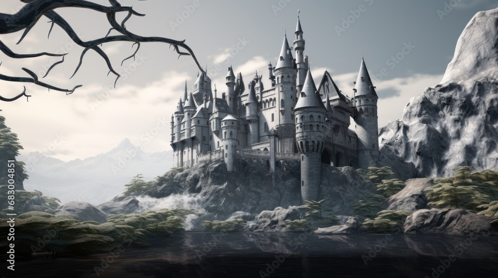 Poster a castle in the middle of a mountain with a lake in front of it and a tree in the foreground.