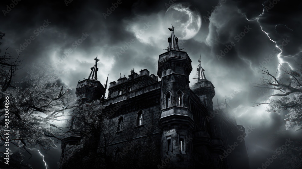 Poster a dark castle with a full moon in the sky and a tree in the foreground with a full moon in the backg