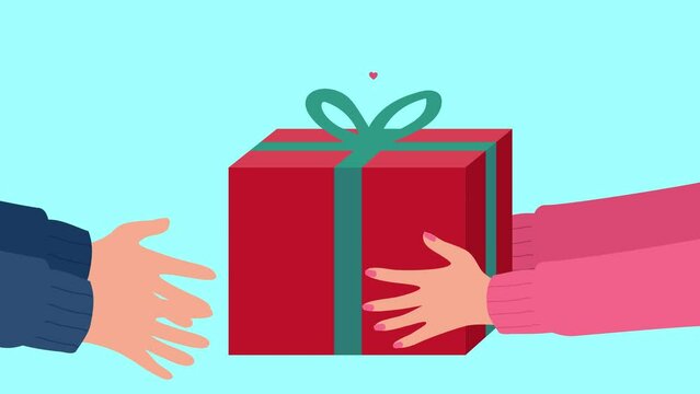 Motion graphics of human hands giving present, for Christmas, valentine, anniversary theme and background