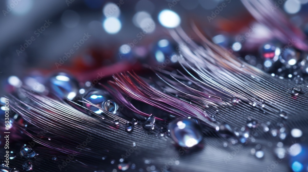 Poster a close up of a feather with drops of water on it and a blurry image of a feather with drops of wate