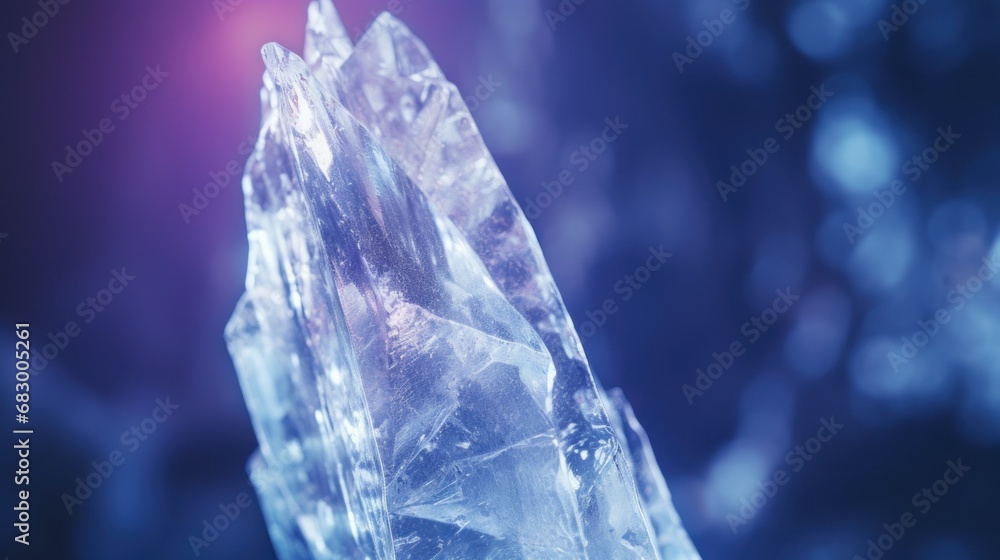 Poster a close up of a crystal object with a blurry image of the back of the object in the background.