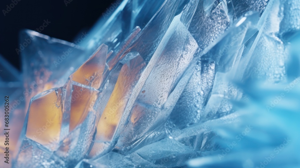 Poster a close up view of ice and ice cubes with water droplets on the ice and on top of the ice.