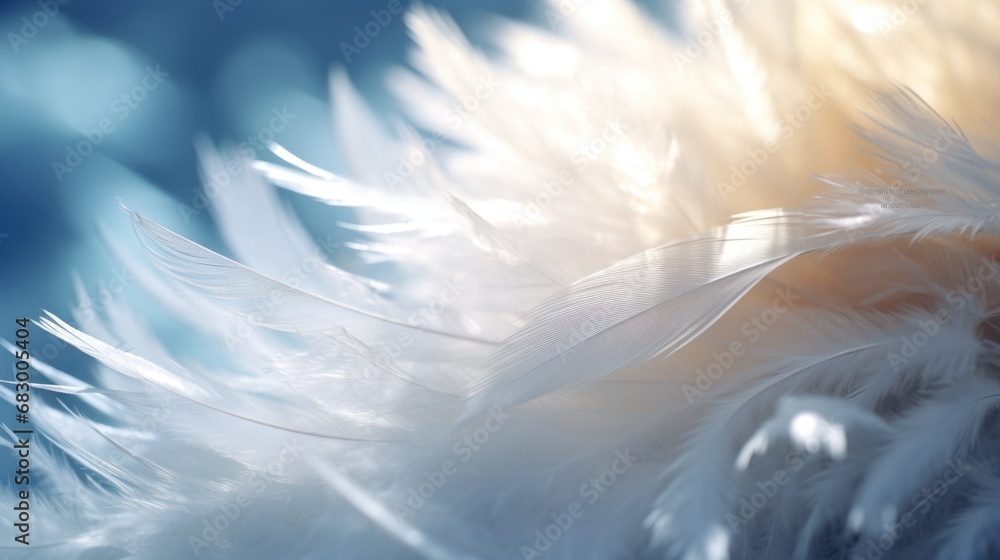 Poster a close up of a white feather on a blue and white background with a blurry image of the feathers.