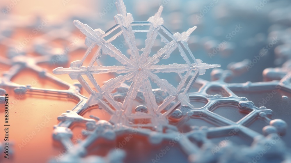 Poster a close up of a snowflake that looks like it has snow flakes on it's sides.