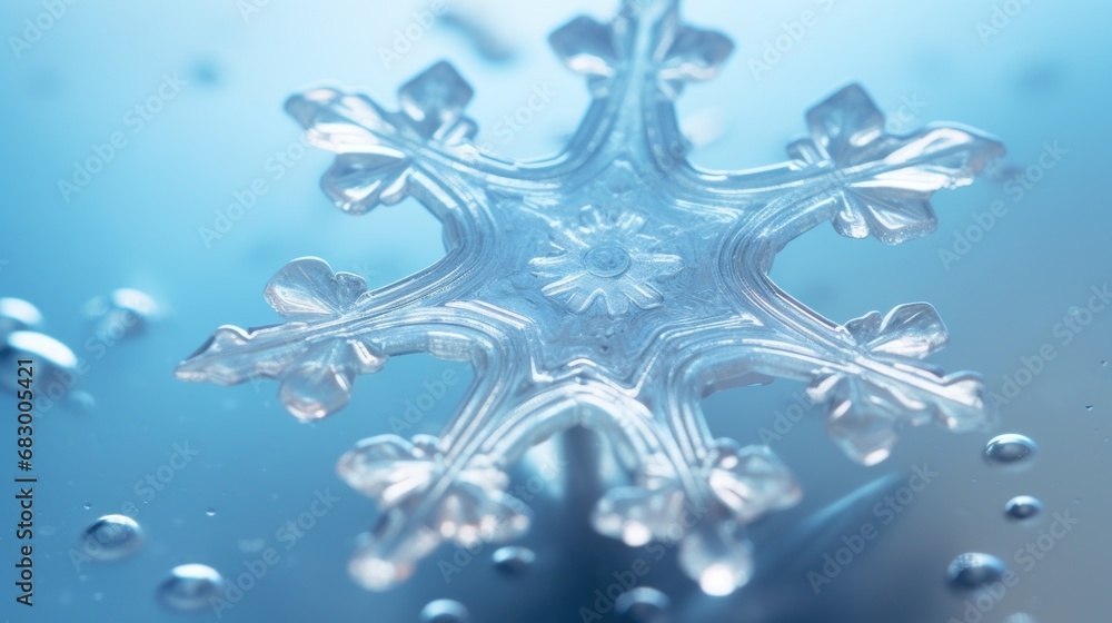 Poster a close up of a snowflake with drops of water on the bottom and bottom of the snowflake.