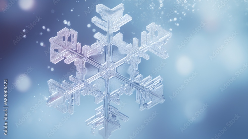 Poster a close up of a snowflake with snow flakes in the foreground and a blurry background.