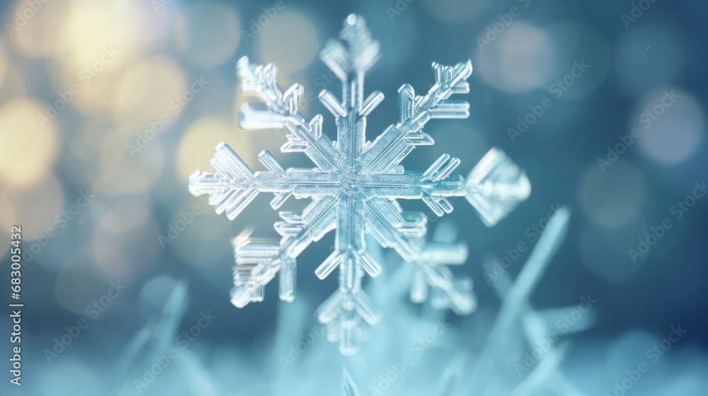 Poster a close up of a snowflake that looks like a snowflake with snow flakes in the background.