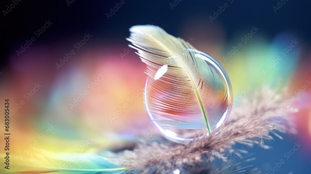 Poster a close up of a feather and a drop of water on top of a blurry image of a feather.