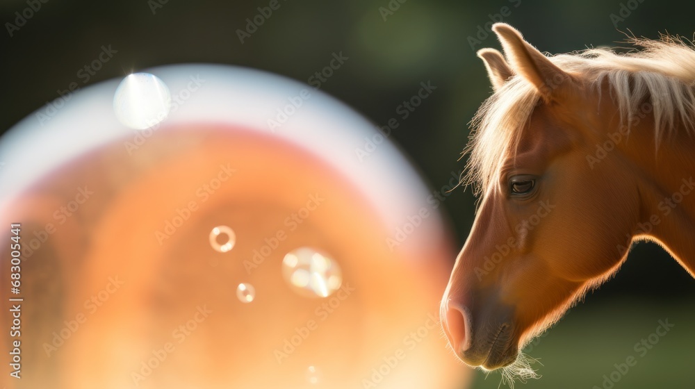 Poster  a close up of a horse's head with bubbles in the air in front of a blurry background.