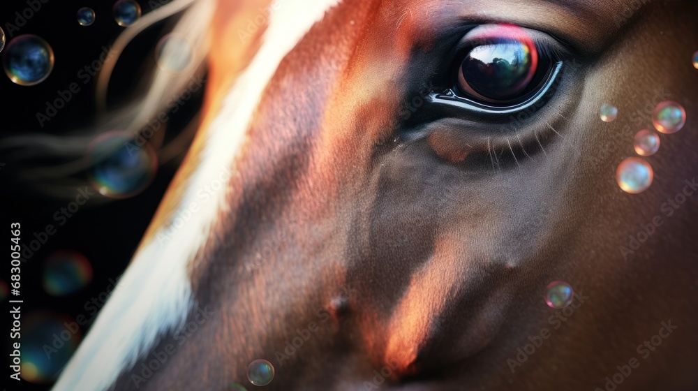 Poster  a close up of a horse's eye with a lot of bubbles on the side of the horse's face.