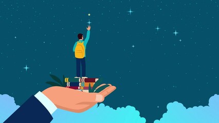Motion graphics of a man hand lifting up a school boy to reach for the star, education, parents responsibility concept