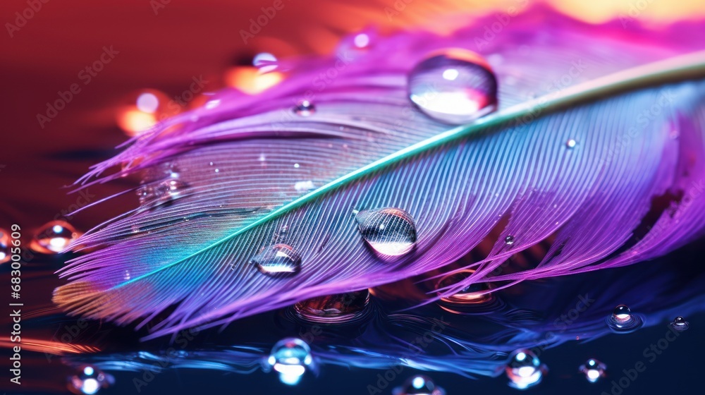 Poster a close up of a colorful feather with drops of water on the feathers feathers and drops of water on 