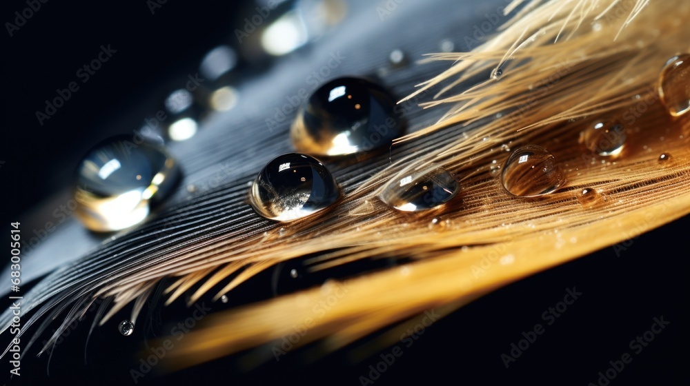 Poster a close up of a feather with drops of water on the tip of the tail of the bird's tail.