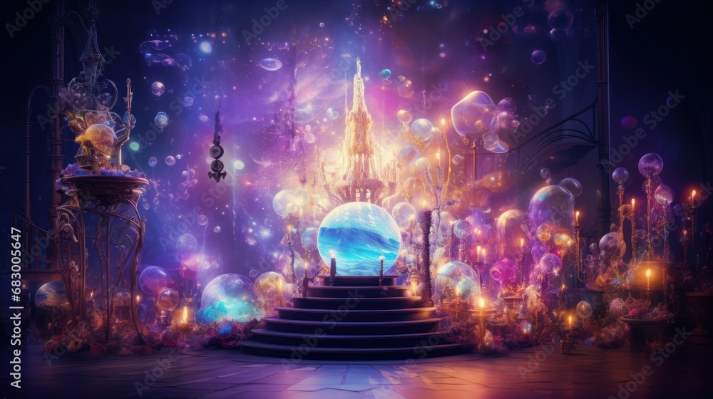 Poster a set of stairs leading up to a stage with a castle in the background and bubbles floating in the ai