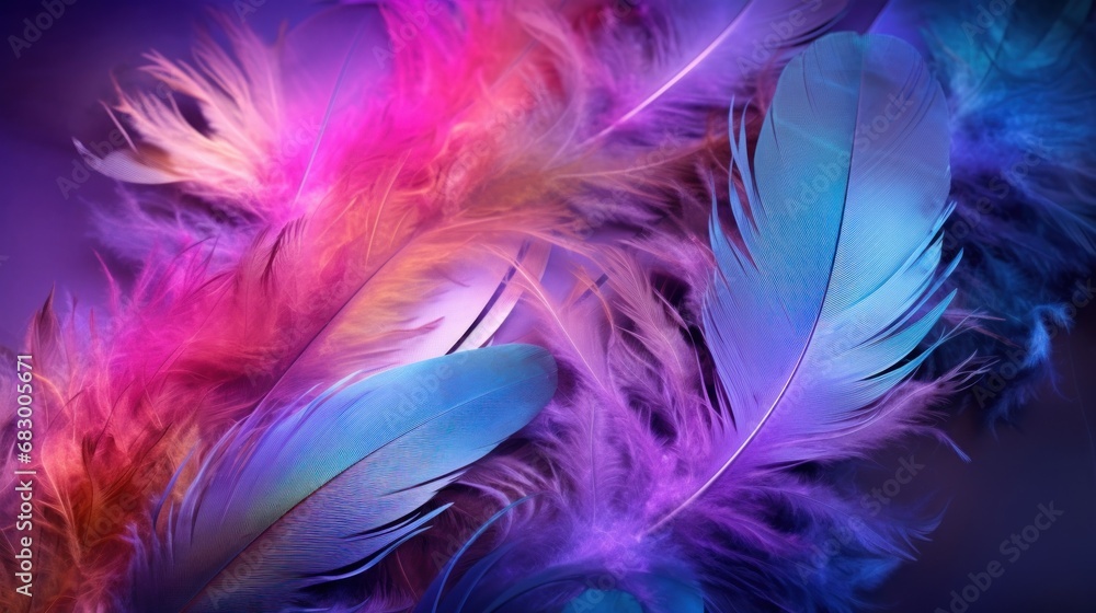 Poster a close up of a bunch of colorful feathers on a black background with a blurry image of the feathers