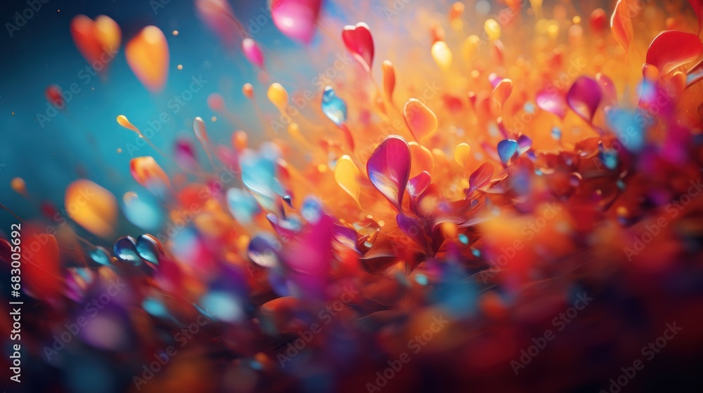 Poster a close up of a bunch of colorful objects on a blue and orange background with a blurry image of a b
