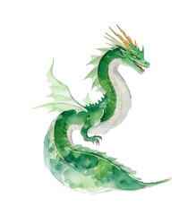 Fantasy cute green dragon. Watercolor style illustration.