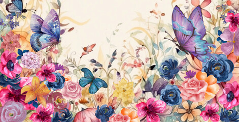 Fototapeta na wymiar watercolor background with flowers, butterflies, generative AI