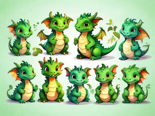 Fototapeta premium Collection of the fantasy cute green dragons. Watercolor style illustrations. Fantasy friendly animal.