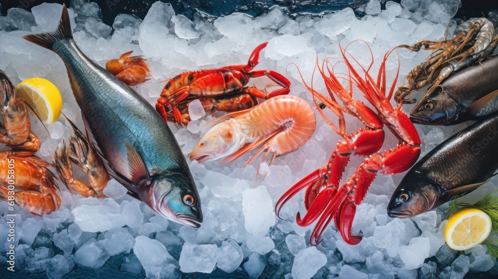 Poster several different types of seafood on ice with lemon wedges and lemon wedges on the side of the pict