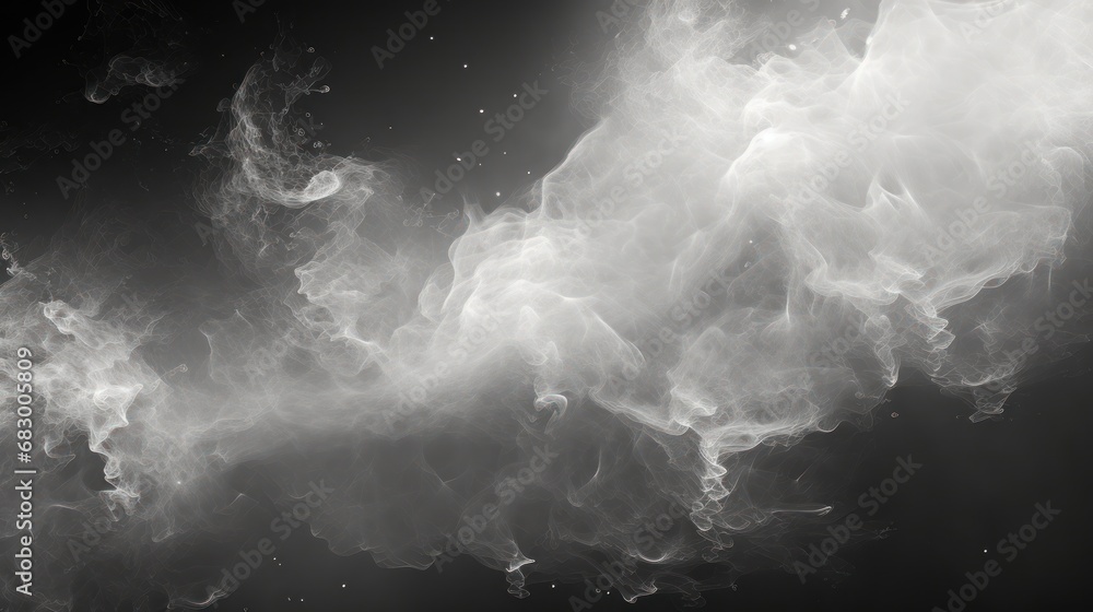 Poster a black and white photo of a cloud of white smoke on a black background with a spot in the middle of