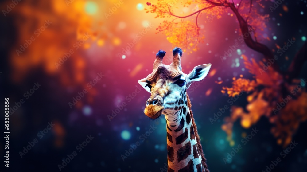 Poster a giraffe standing in front of a tree with its head turned to the side with its tongue out.
