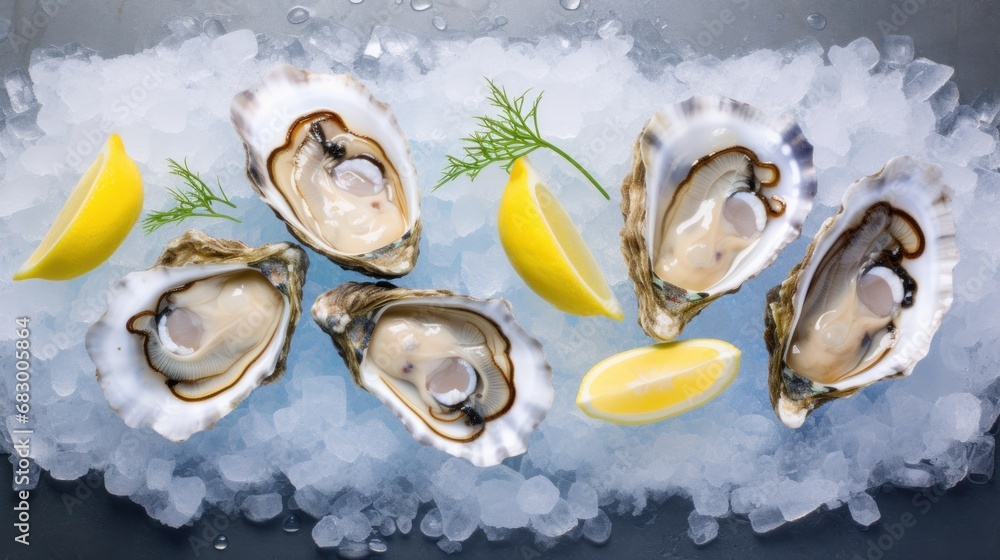 Aufkleber a group of oysters on ice with lemon wedges and a sprig of dill on the side.